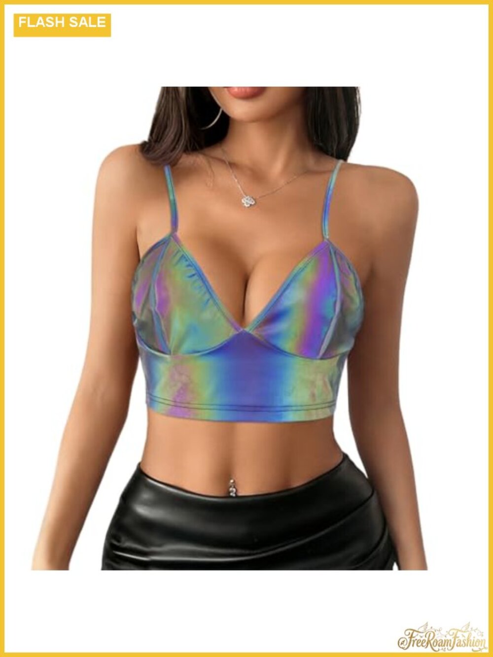 Women's Sequined Crop Top V-Neck Sleeveless Party Top Spaghetti Strap Metallic